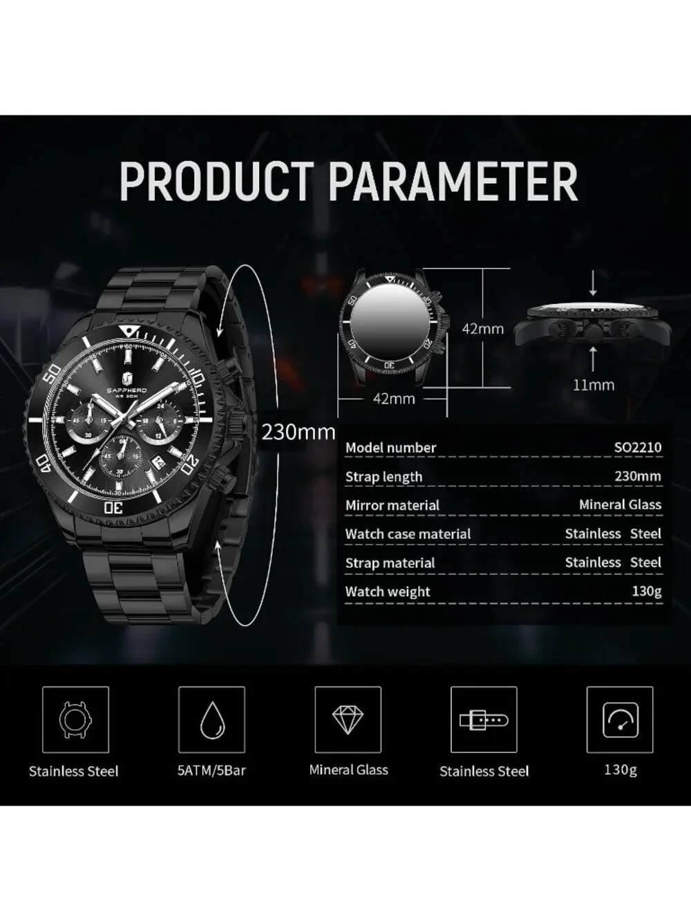 Men's Black Strap Black face Quartz Chronograph Stainless Steel Waterproof Watch